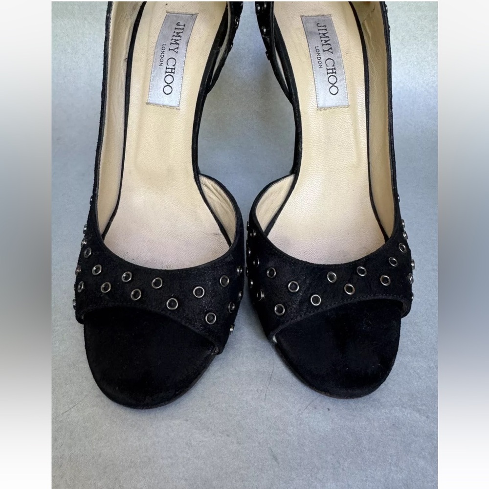 Jimmy Choo London Sz 8.5 EU 39 Black Open Toe Heel Pumps Party Formal - Picture 4 of 8